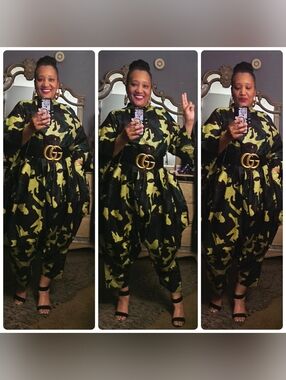 Structured Camo Wide-Leg Jumpsuit - Black & Olive